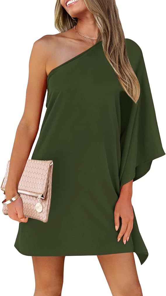 LEANI Women’s Sexy One Shoulder Mini Dress Loose Batwing Sleeve Club Party Short Dress | Amazon (US)