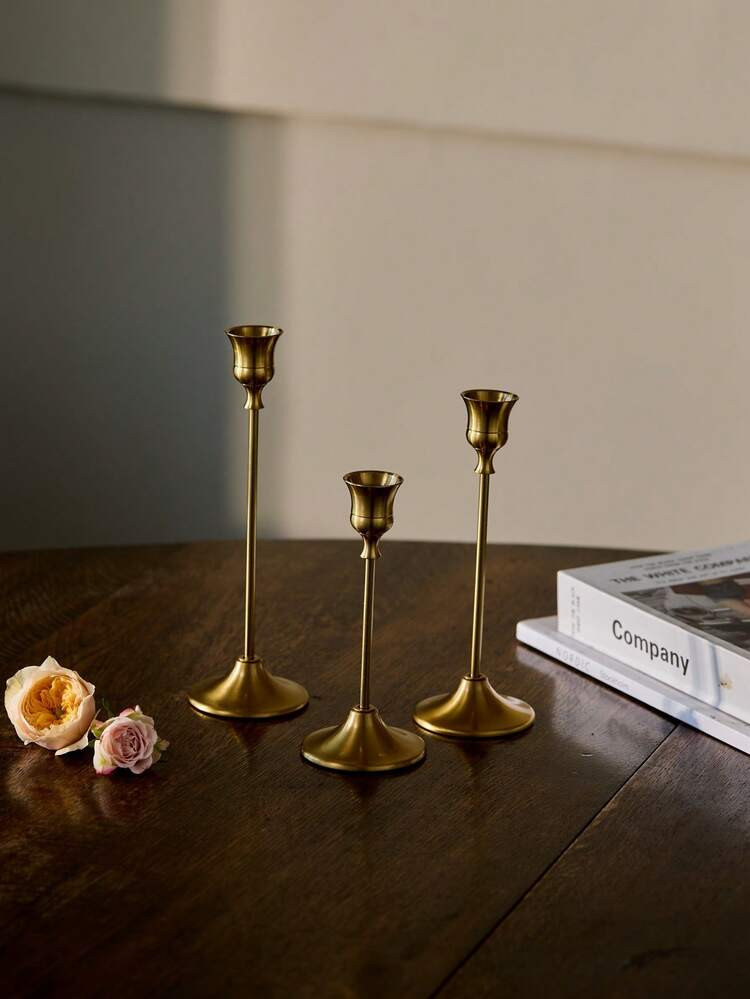 Cirelle 3pcs Brass Gold/Black Metal Tapered Candle Holders, Vintage Modern Decorative Centerpiece... | SHEIN