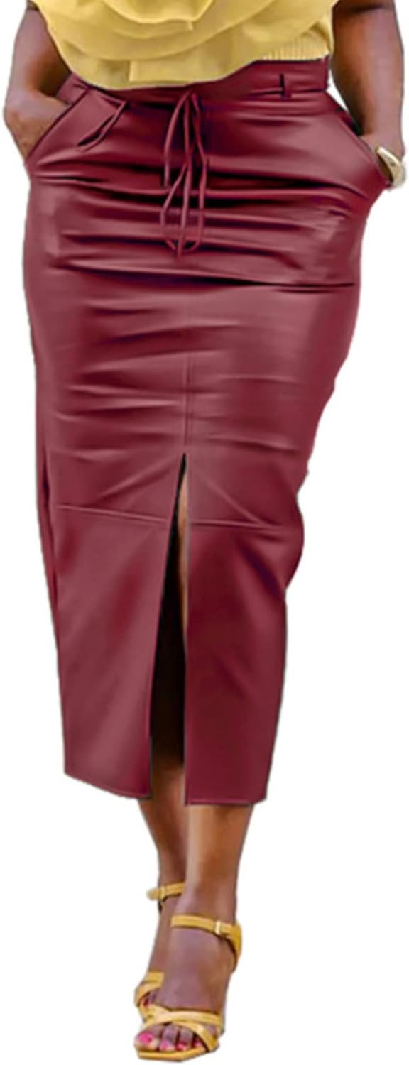 Faux Leather Skirts for Women Sexy High Waist Front Split Fall Skirts with Belt Pocket Pu Midi Penci | Amazon (US)