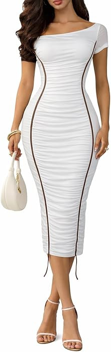 WXN Women's Summer Mesh Ruched Off Shoulder Bodycon Midi Party Dress | Amazon (US)
