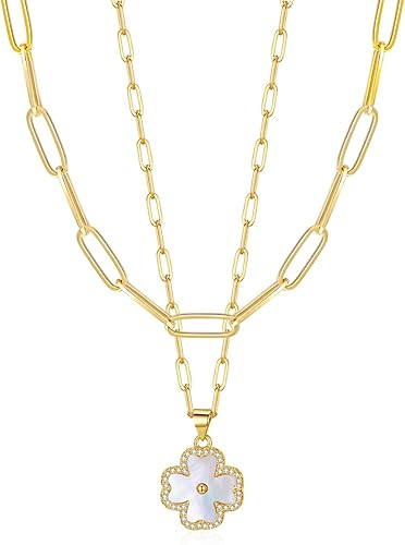 ITS4YEO Four Leaf Clover Pendant Necklace Double Layer Chain 14K Gold Plated Birthday Valentine's... | Amazon (US)