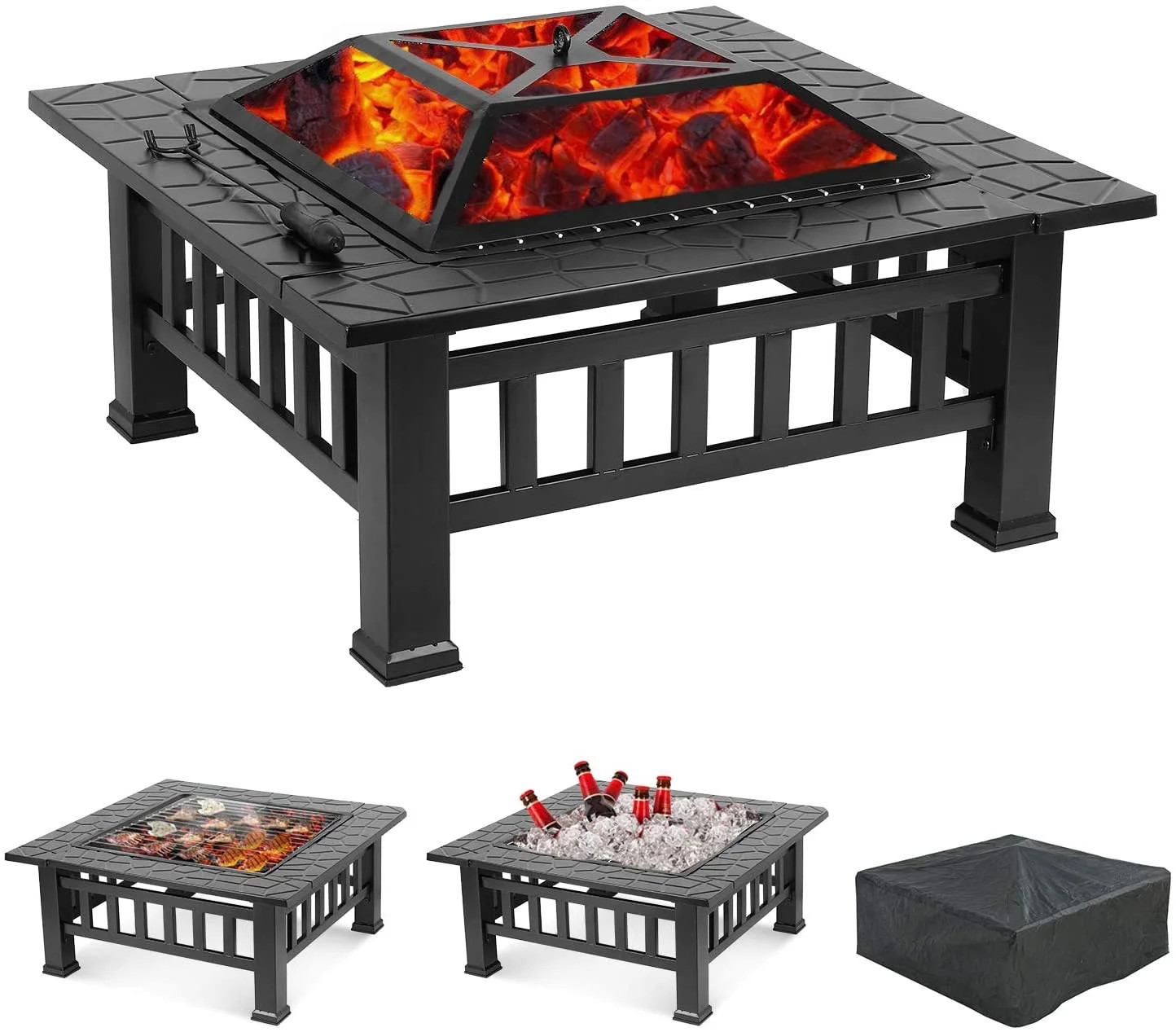LAZY BUDDY Steel Fire Pits for Outside, 32'' Square Wood Burning Fire Pit Table, Outdoor Patio BB... | Walmart (US)