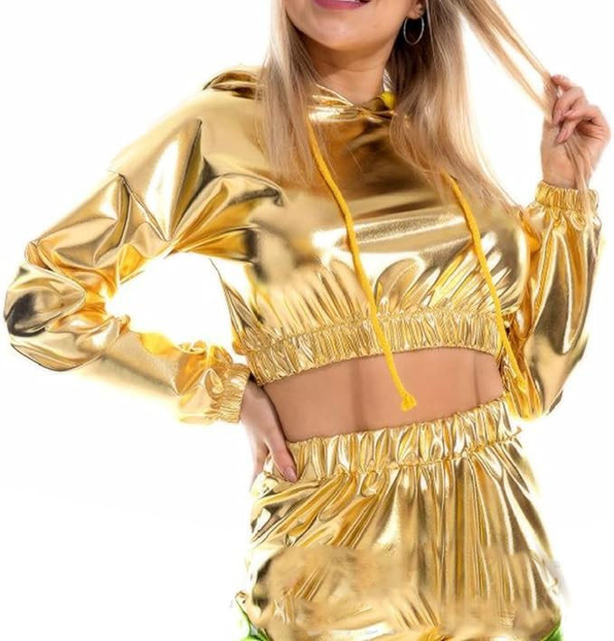 Bornpom Women's Metallic Top Cropped Hoodie Rave Long Sleeve Shiny Pullover Sweatshirt | Amazon (US)