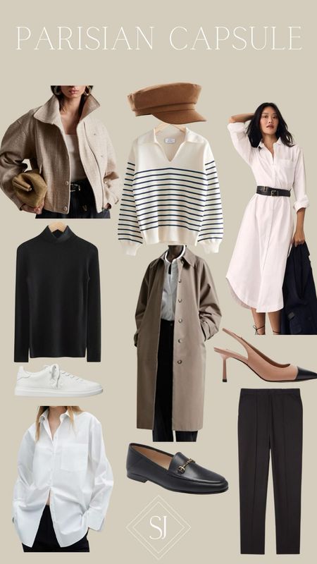 My favorite Parisian capsule pieces 

Trench
Tweed jacket
Brixton Cap
Shirt dress
Turtleneck
Capped Heels
Black trousers
White sneakers 
Button down
Loafers
Striped sweater 