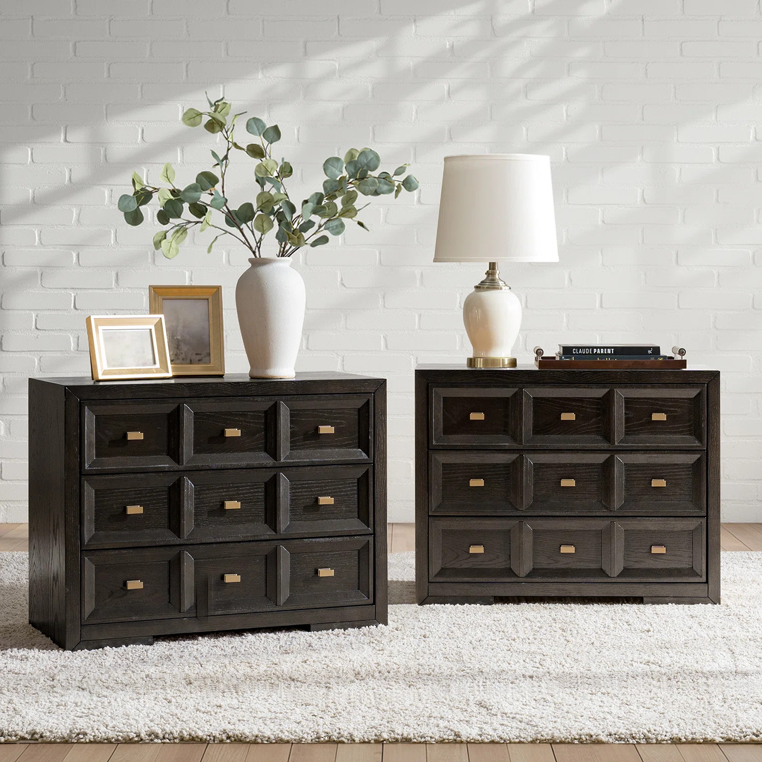Royalwood Modern 32''W 3-Drawer Solid Wood Nightstand with Charging Station and Metal Knobs(Set o... | Wayfair North America