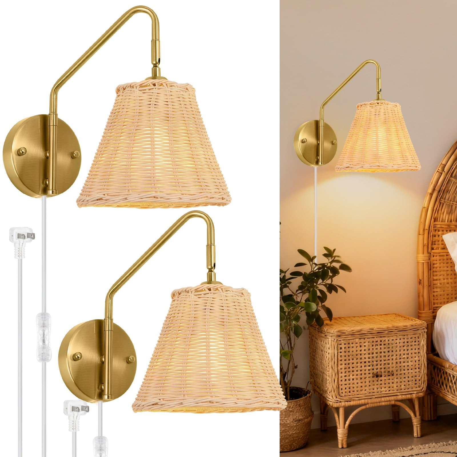 Rattan Plug in Wall Sconces Set of 2, Boho Swing Arm Plug in Sconce, Hand Woven Wicker Wall Lamps... | Amazon (US)