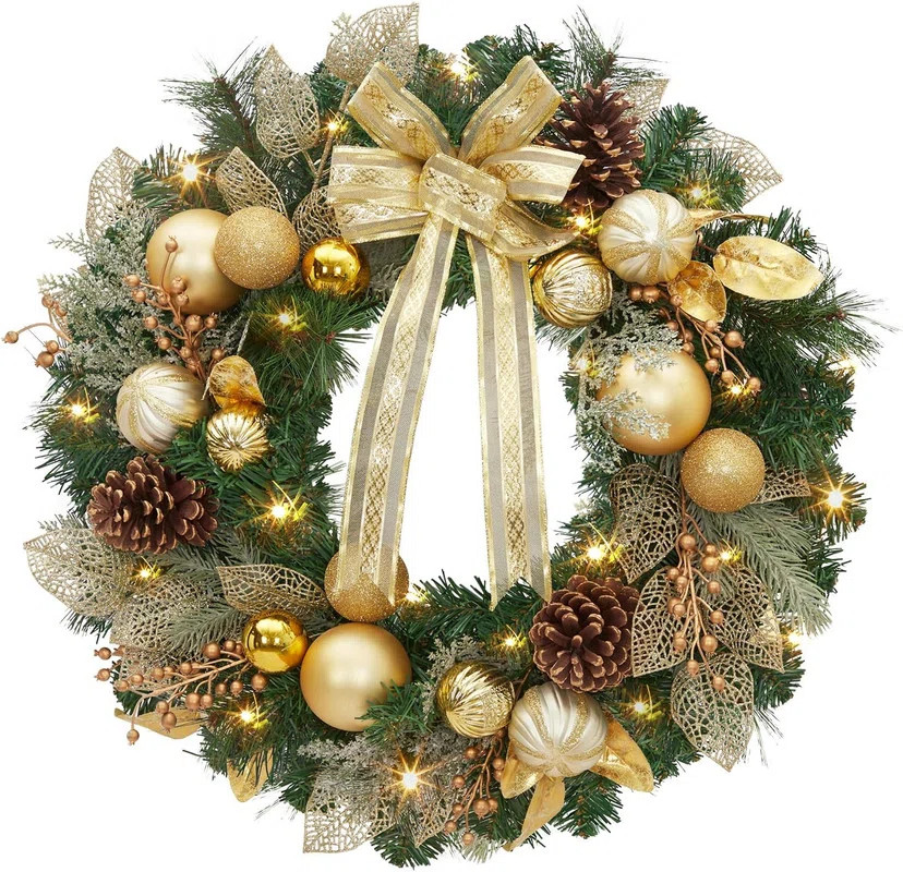 18/24in Pre-lit Xmas Wreath with Gold Bow, Battery Powered for Door Indoor Outdoor | Wayfair North America
