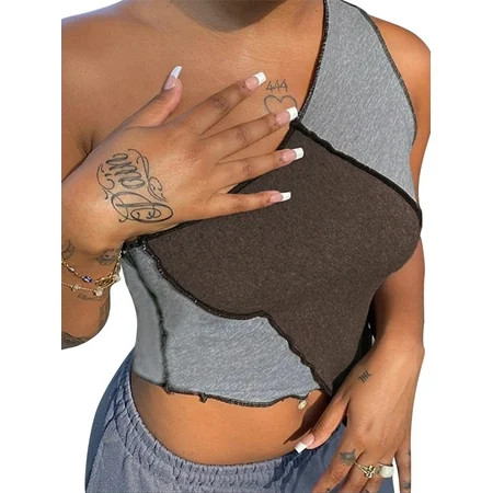 wsevypo Women s Sleeveless Crop Tops One Shoulder Slit Colorblock Strappy Tees Basic Crop Tank Top | Walmart (US)