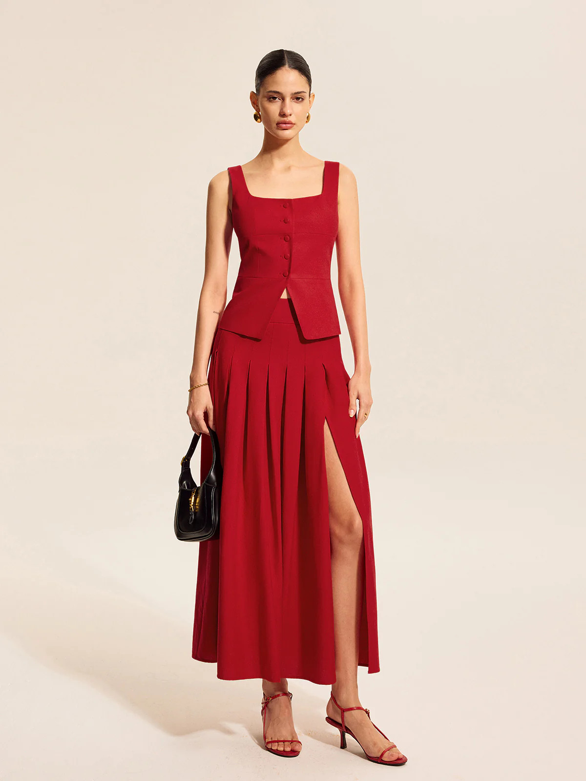 Cotton & Linen Pleated Slit Skirt | Commense