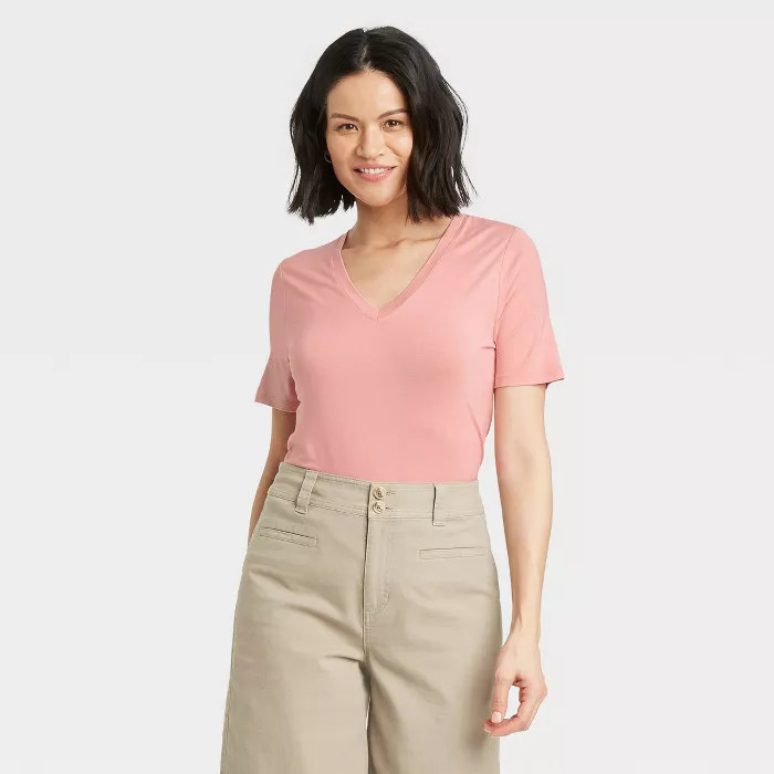 Women's Short Sleeve V-Neck T-Shirt - A New Day™ Brown XS | Target