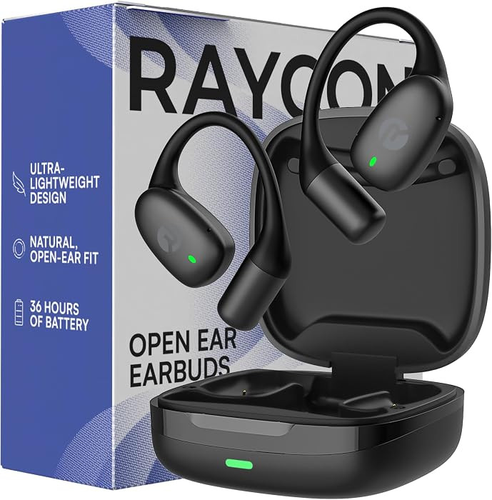 Raycon Essential Open Ear Earbuds – Open Ear Headphones, Earbuds Wireless Bluetooth, Sweat & Water-Resistant Earphones, Running Headphones with Ultra-Lightweight Design, 36 Hours Battery Life (Black) | Amazon (US)