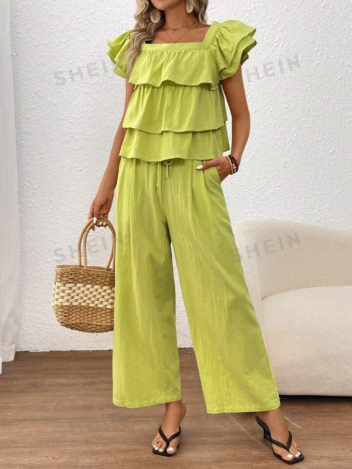 SHEIN Essnce Green Layered Design Casual Holiday Woven Solid Square Neck Top And Straight Pants S... | SHEIN