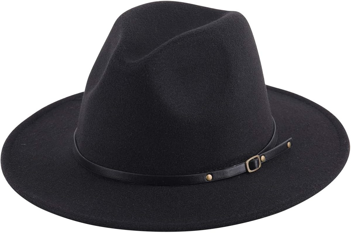 Lanzom Women Lady Retro Wide Brim Floppy Panama Hat Belt Buckle Wool Fedora Hat | Amazon (US)