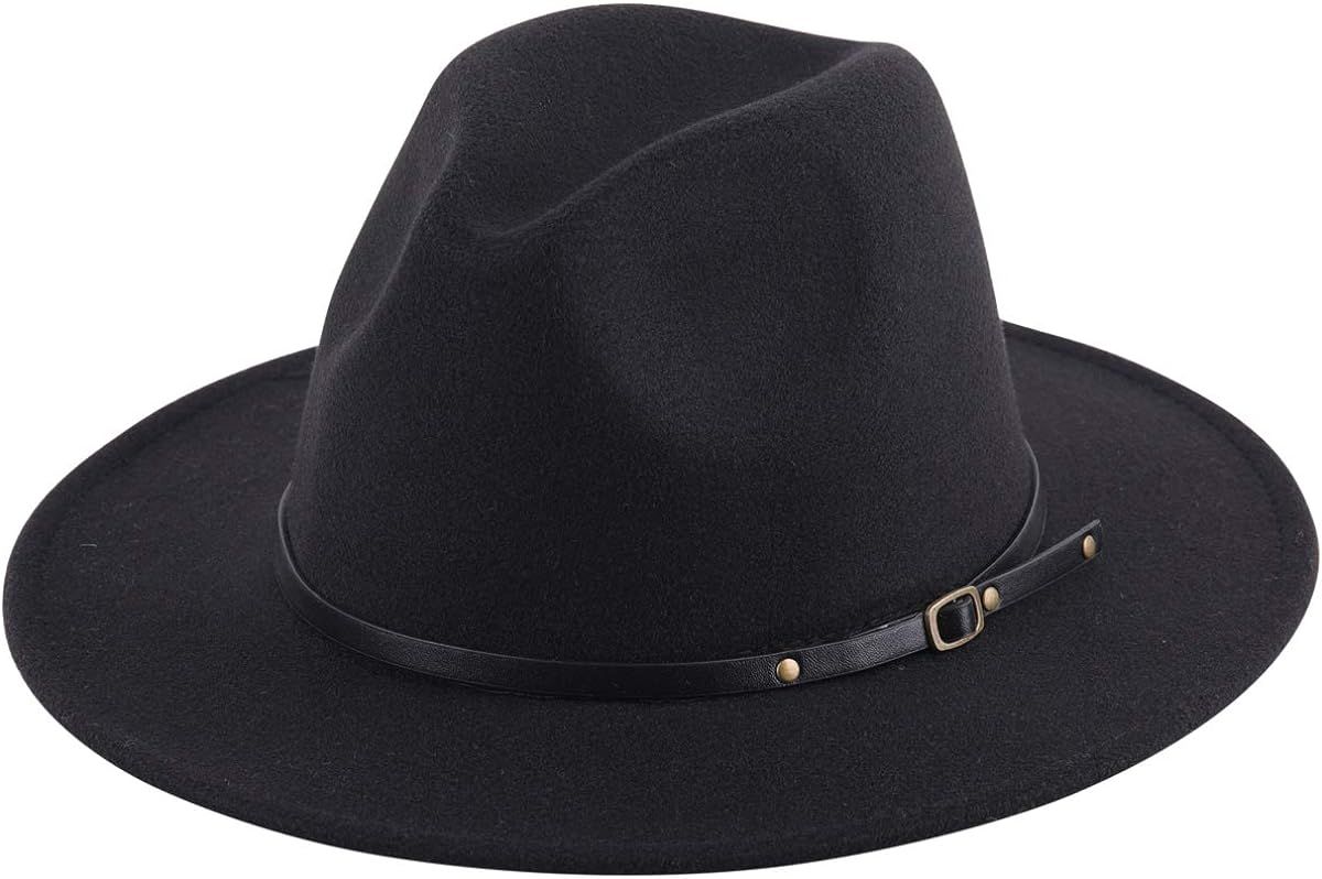 Lanzom Women Lady Retro Wide Brim Floppy Panama Hat Belt Buckle Wool Fedora Hat | Amazon (US)