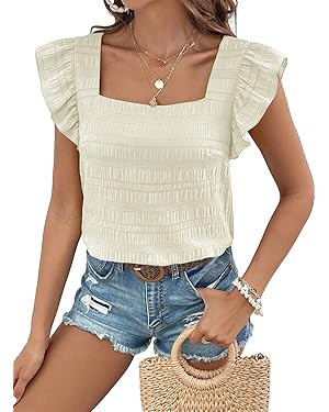 SHEWIN Women's Casual Summer Square Neck Tank Tops Sleeveless Ruffle Chiffon Blouses Top Shirts | Amazon (US)