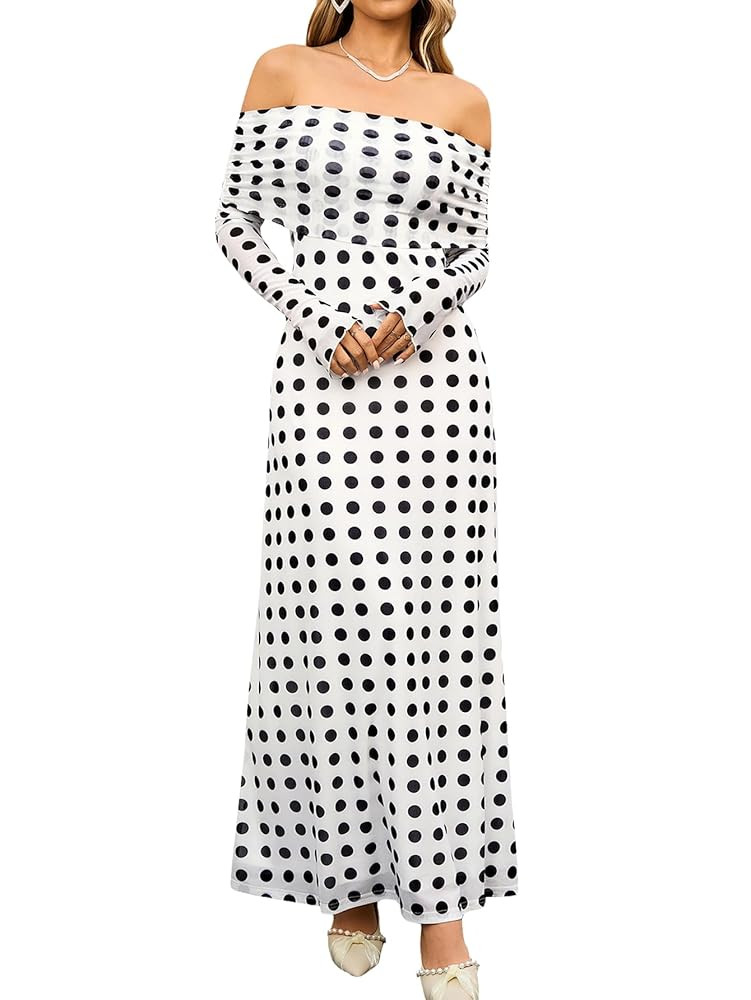 KUTUMAI Women Off Shoulder Bodycon Maxi Dress Long Sleeve Mesh Ruched Party Formal Wedding Guest ... | Amazon (US)