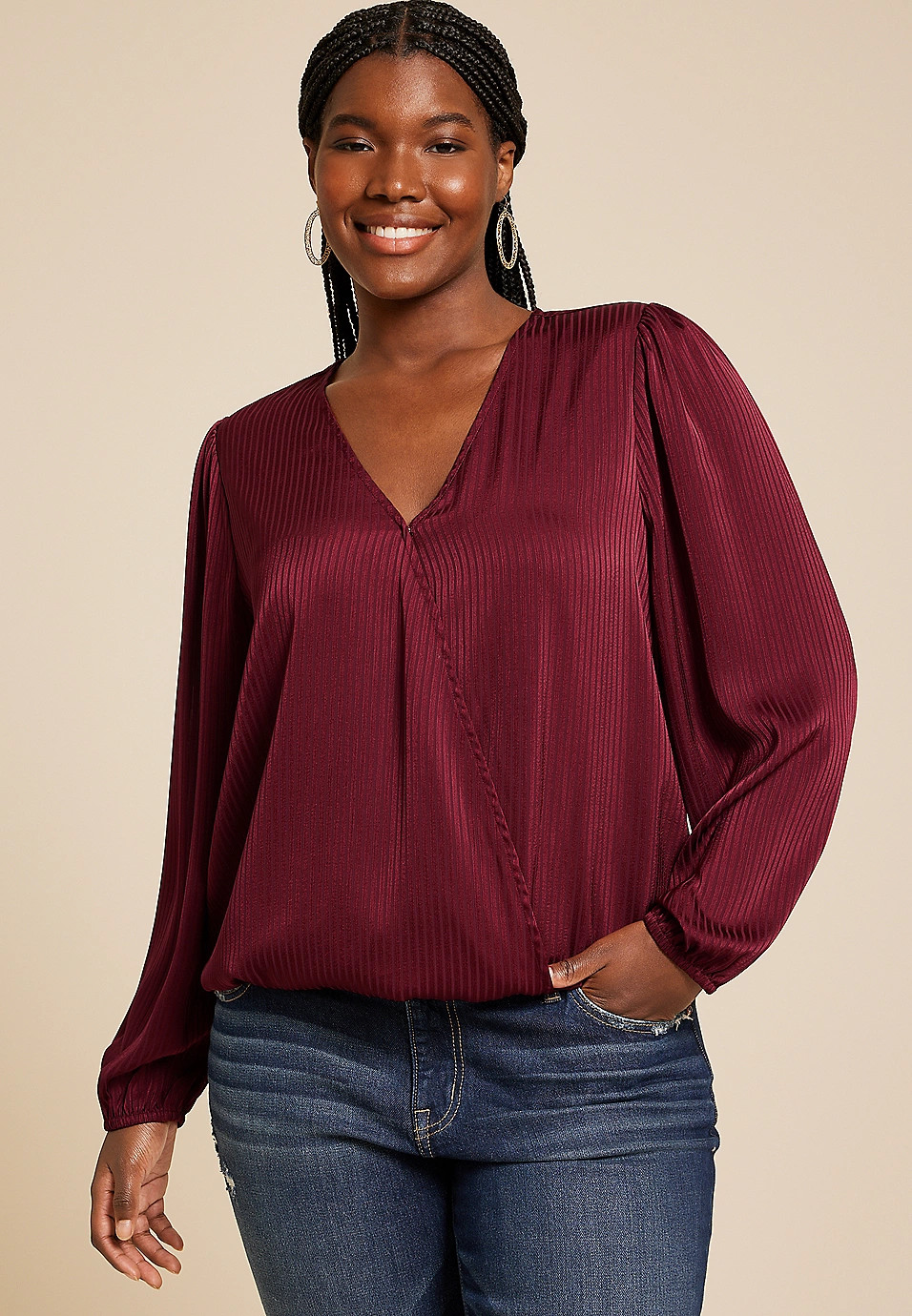 Plus Size Bubble Hem Long Sleeve Blouse | Maurices