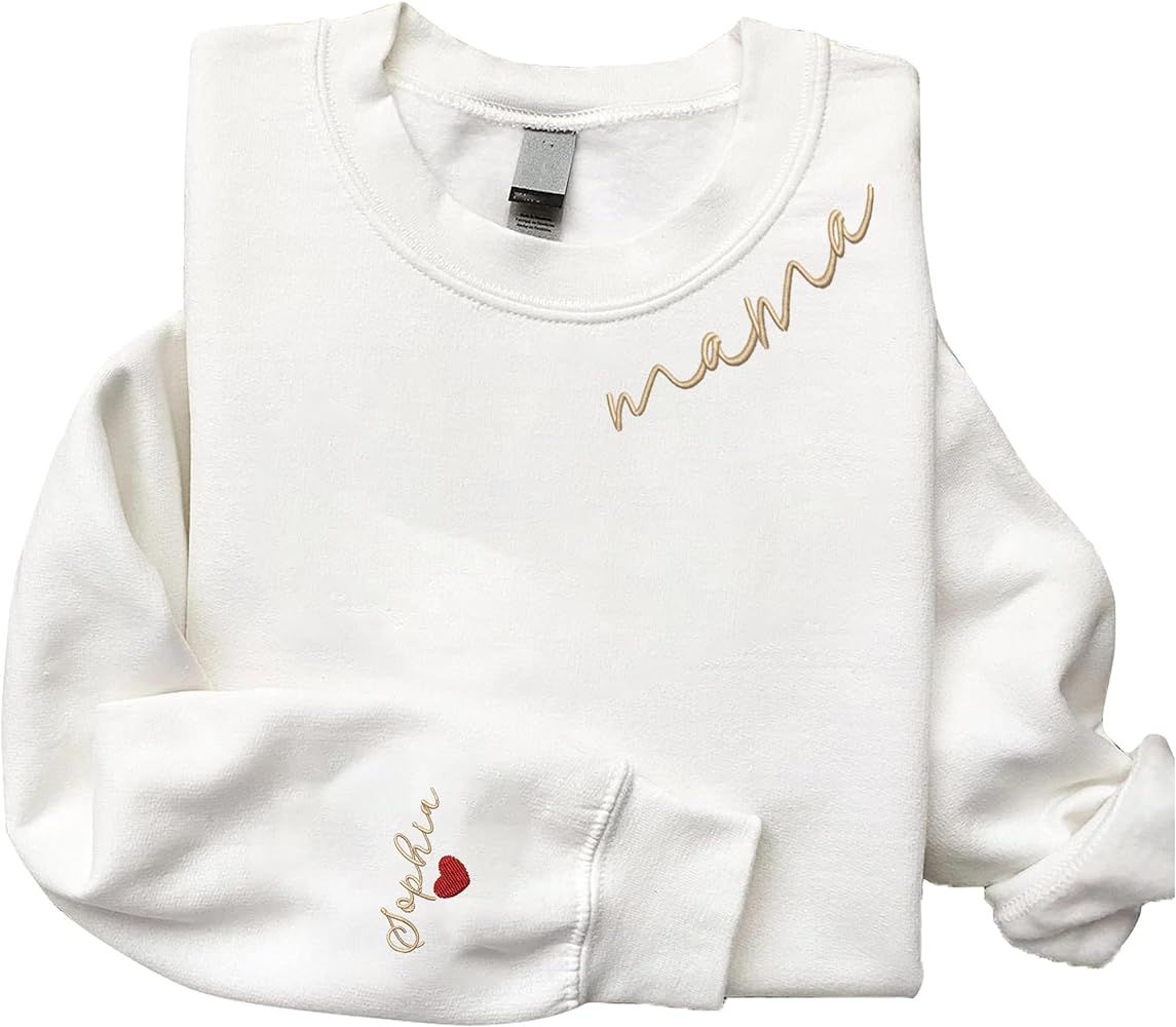 Custom Embroidered Mama On The Collar Sweatshirt and Hoodie, Embroidered Sweatshirt for Mom, Embr... | Amazon (US)