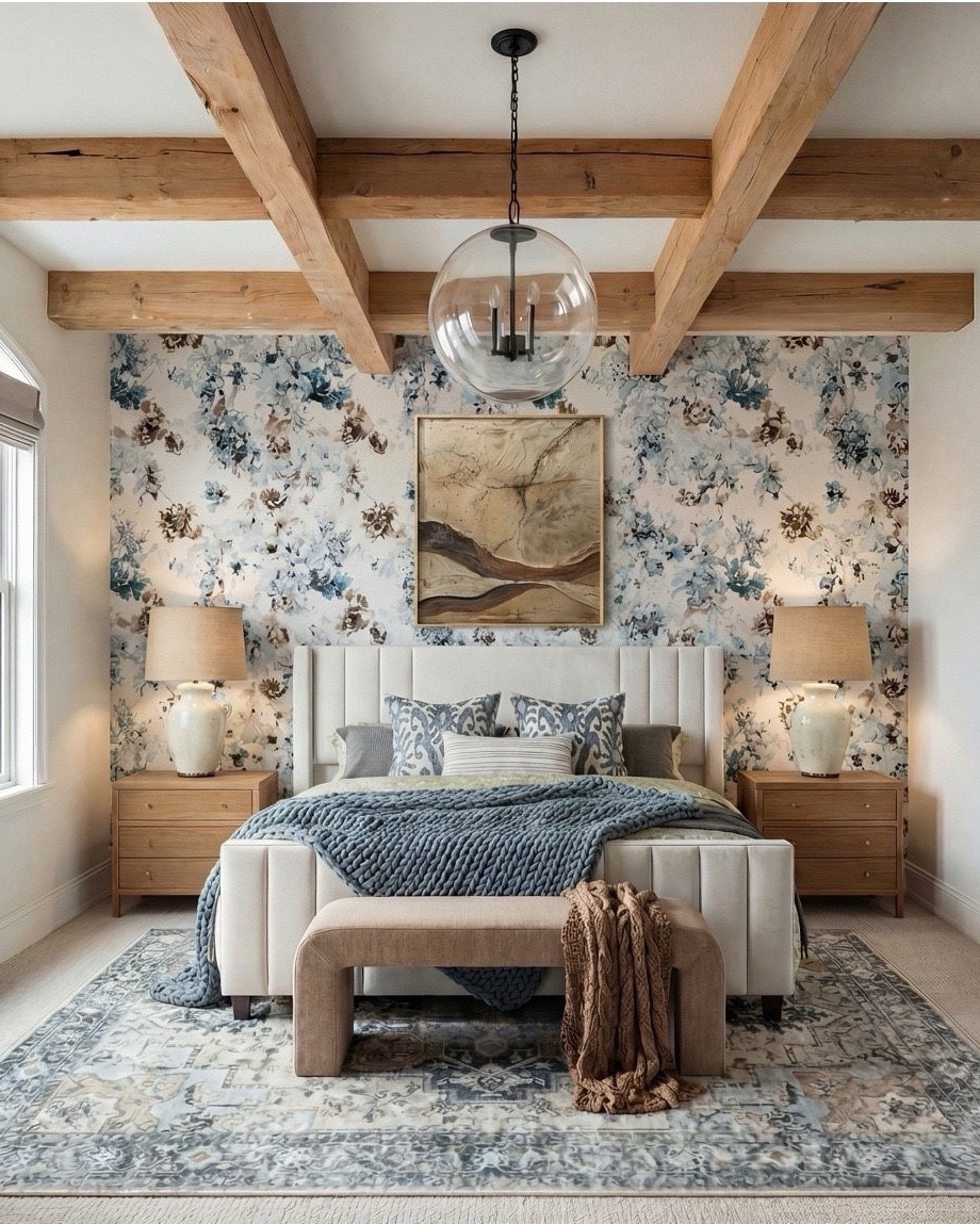 ✨ Shop the Look
Natural wood bed | Chunky blue knit throw | Patterned blue pillows | Caramel cube ottomans | Blue and neutral patterned rug | Brass beaded mirror | Brass table lamps | Soft floral wallpaper | Natural wood  cane nightstands | Exposed ceiling beams, ribbed white decor bowl.

#LTKsale #LTKhome #LTKstyletip