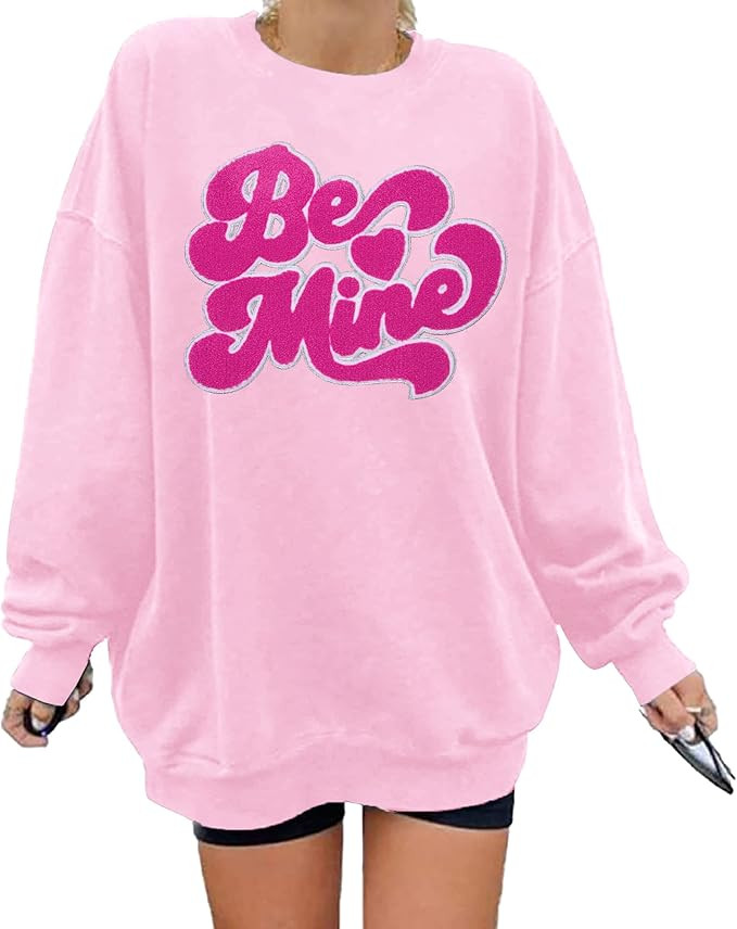 Valentines Sweatshirts for Women Be Mine Glitter Patch Valentines Day Shirts Oversized Love Heart... | Amazon (US)
