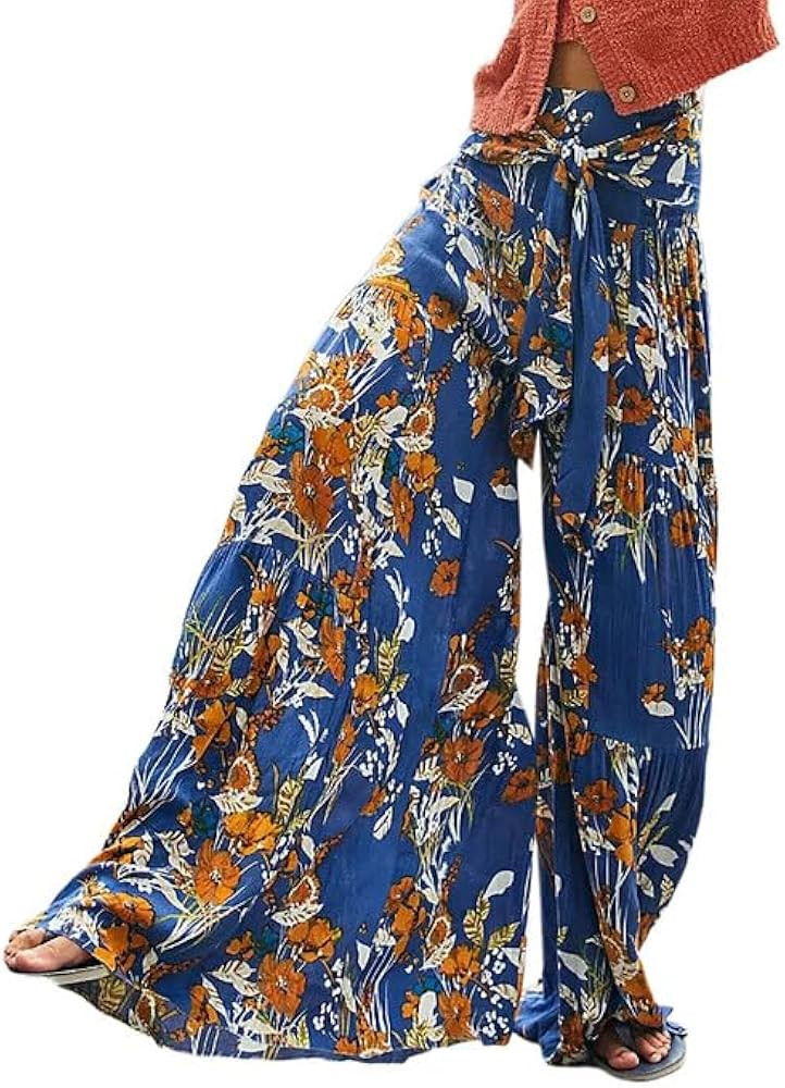 Lrady Women Wide Leg Palazzo Lounge Pants Printed Beach Summer Boho Tie-Waist Bell Bottoms Trouse... | Amazon (US)