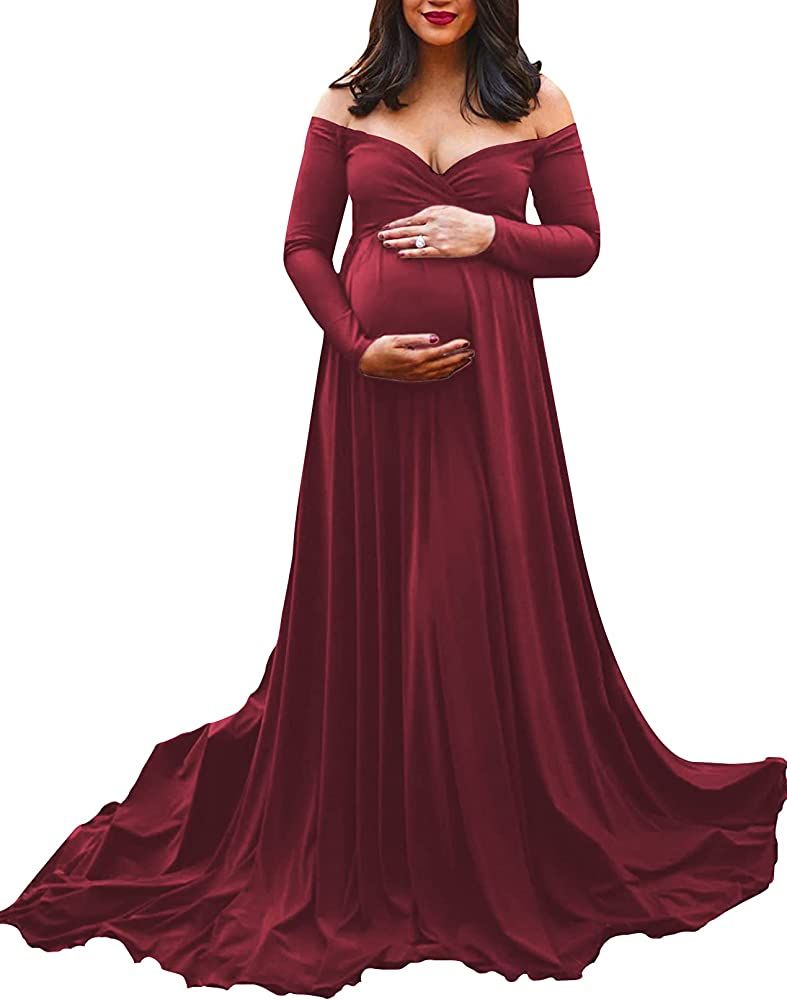 Saslax Maternity Off Shoulders Half Circle Gown for Baby Shower Photo Props Dress | Amazon (US)