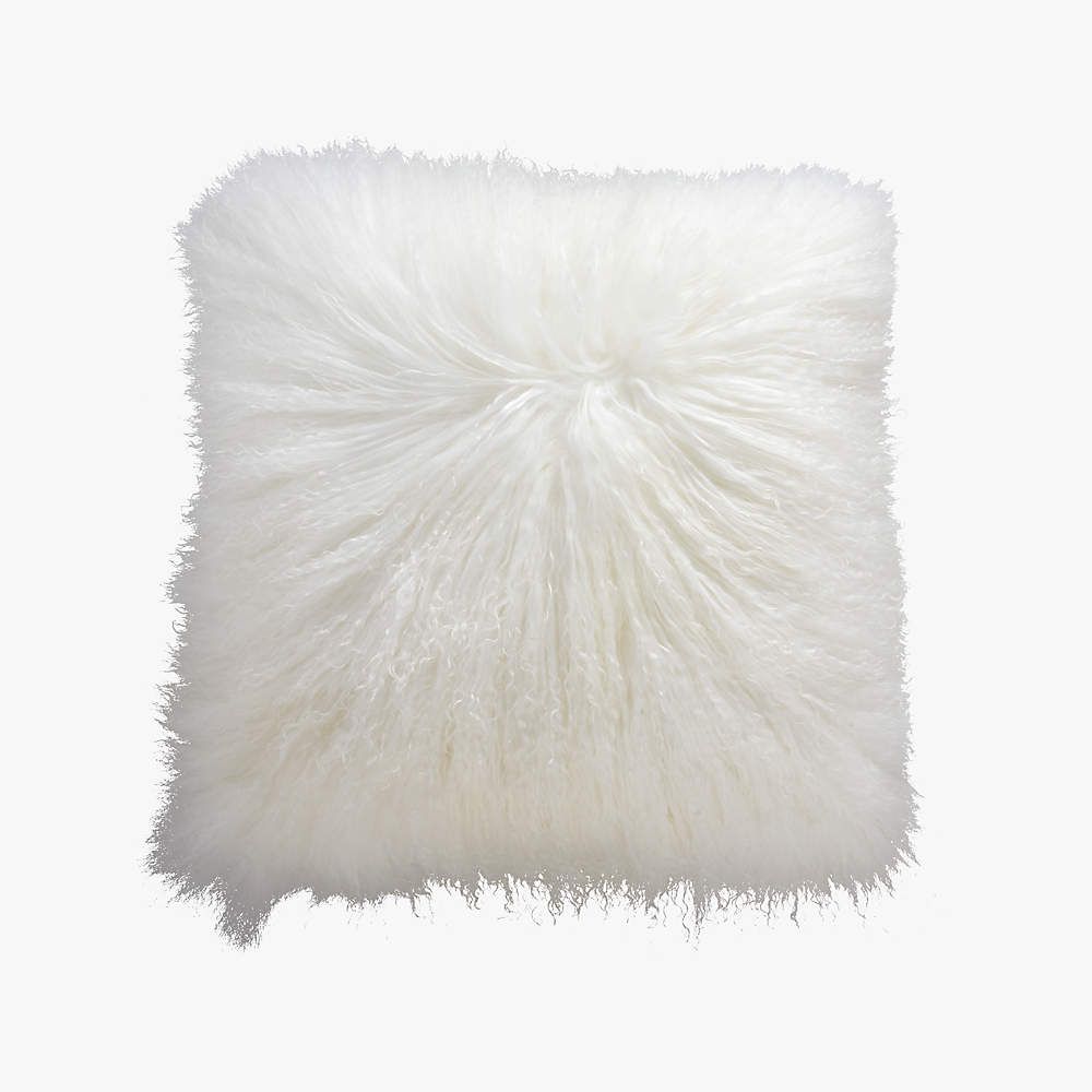 16" MONGOLIAN SHEEPSKIN WHITE PILLOW WITH FEATHER-DOWN INSERT | CB2