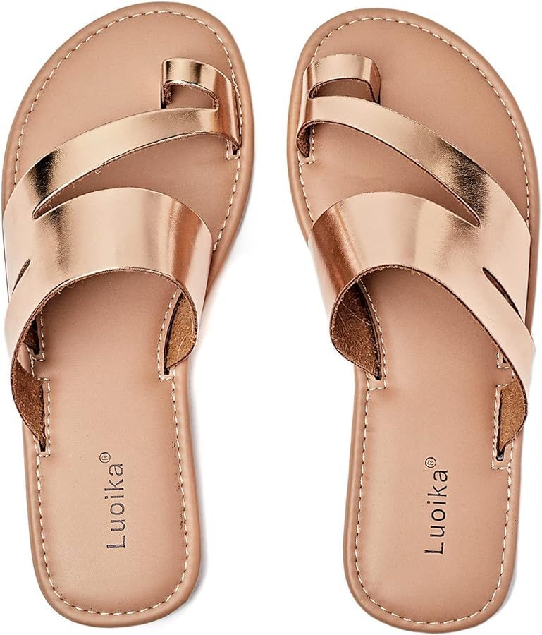 Luoika Women's Wide Width Flat Sandals, Flip Flop Slides Sandal Casual Strapy Sandal Slip on Summ... | Amazon (US)