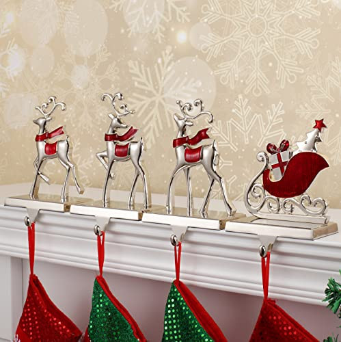 Cesdai Reindeer & Sleigh Stocking Holder Set for Mantle Set of 4,Christmas Deer Stocking Hangers for Firepiece,Christmas Decorations Mantel Hanger for Stocking/Garland (Deer-Sleigh Silver) | Amazon (US)
