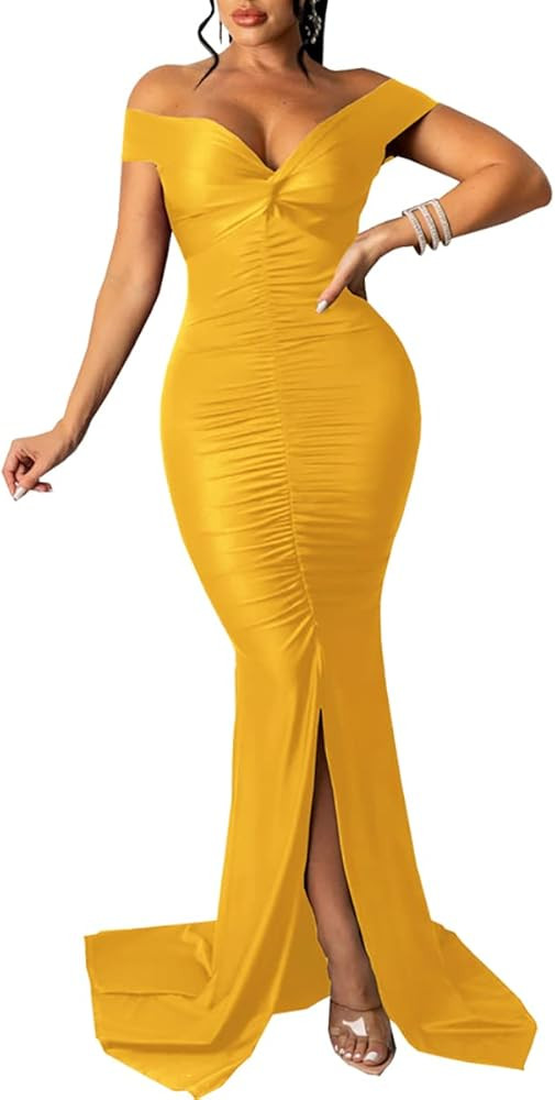 Sexy Formal Dress for Women Ruched Off Shoulder Club Cocktail Bodycon Evening Gown Maxi Long Dres... | Amazon (US)