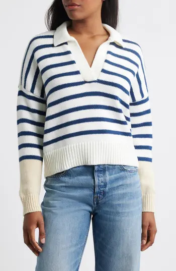 Madewell Dedham Stripe Polo Sweater in Ink And White Combo at Nordstrom Rack, Size X-Small | Nordstrom Rack