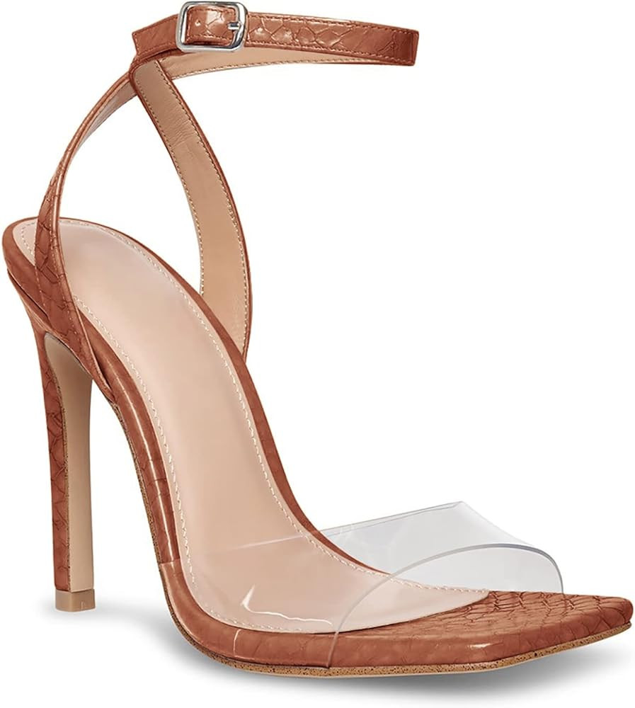 Coutgo Womens Clear Heels Sandals Square Toe Ankle Strap Sexy High Heeled Stiletto Dress Shoes | Amazon (US)