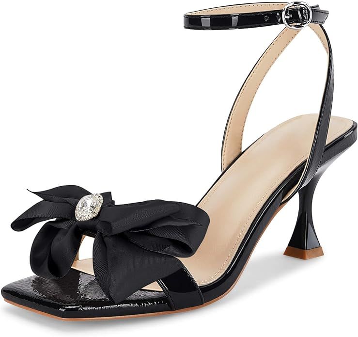Coutgo Women's Bow Knot Heeled Sandals Rhinestone Kitten Heels Open Toe Ankle Strap Dress Pump Sh... | Amazon (US)