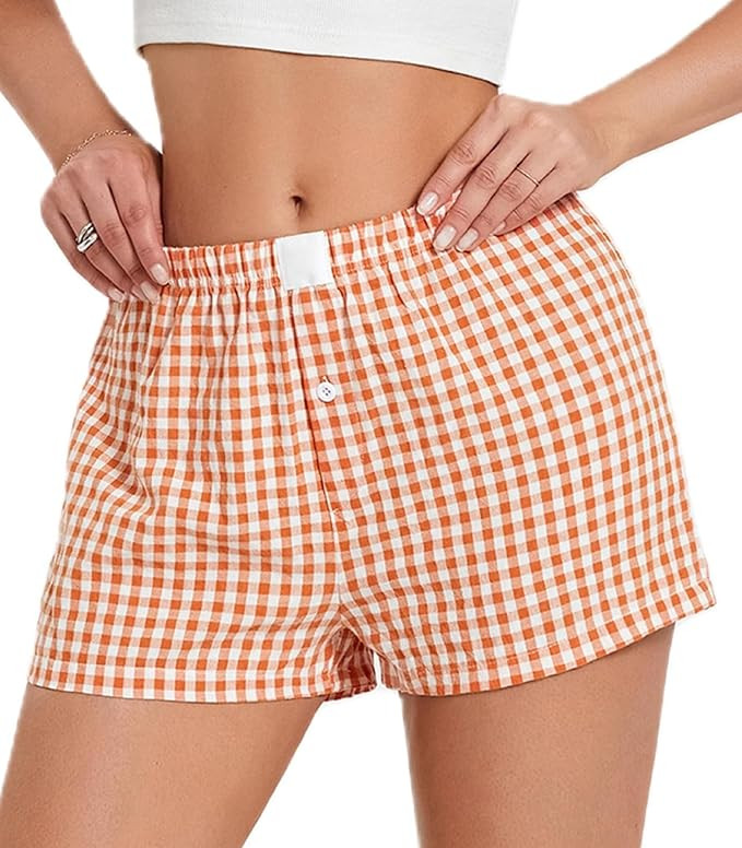 Women Pajamas Shorts Y2k Elastic Waist Plaid Boxer Shorts Cute Gingham Sleep Lounge Bottoms | Amazon (US)