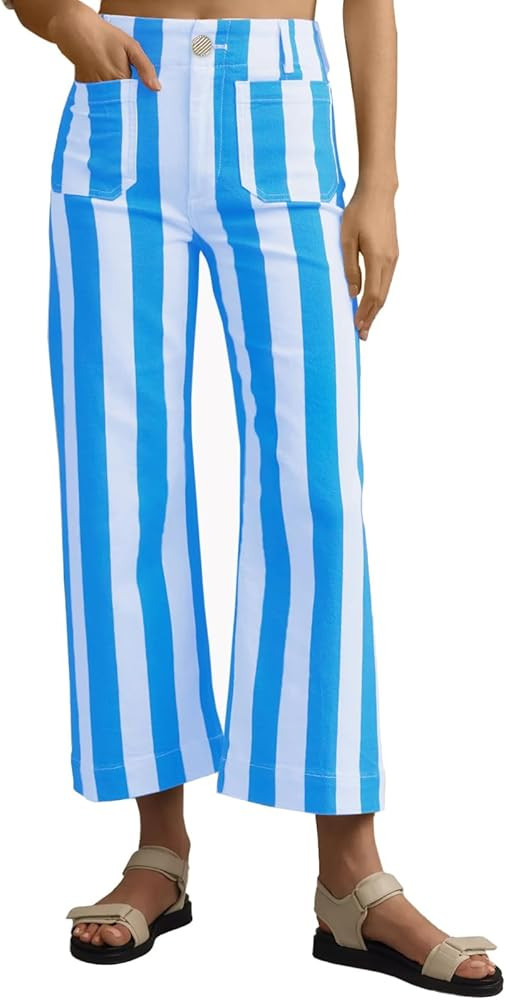 Womens Striped Jeans Wide Leg Trousers Casual High Waisted Stretchy Straight Leg Denim Pants with... | Amazon (US)