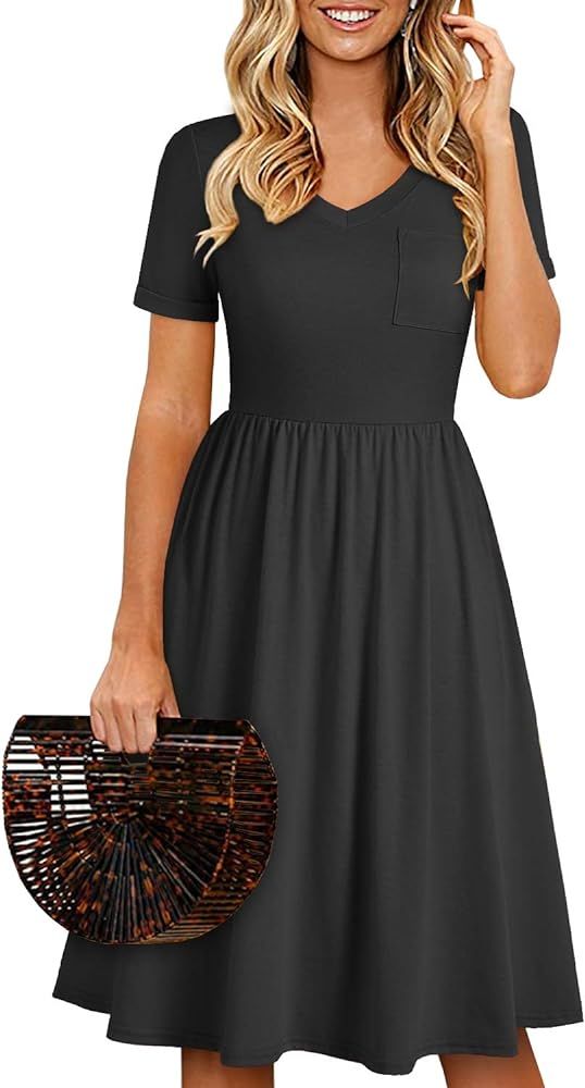 YATHON Casual Dresses with Pockets for Women Cotton V Neck Stretchy A-Line Summer Dress Sleeves | Amazon (US)