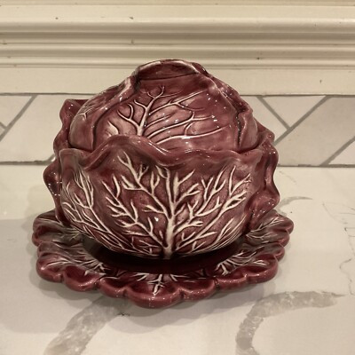 Holland Mold Ceramic Covered Cabbage Bowl , Lid & Saucer Deep Purple  Fava ‘79 | eBay US