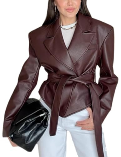 RISCUYY Leather Jacket Women Vintage Style Motorcycle Bomber Blazers Long Sleeve Waist Belt Faux Leather Biker Jacket Women | Amazon (US)