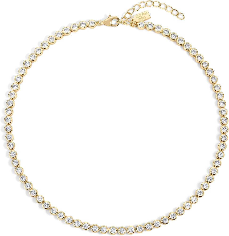 Electric Picks Bezel Tennis Necklace for Women – 14kt Gold Plated Chain with Bezel-Set Stones, ... | Amazon (US)