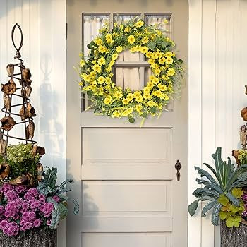 Spring Wreath Yellow Daisy Wreath, 24" Silk Daisy Wreath with Green Eucalyptus Leaves Summer Wrea... | Amazon (US)