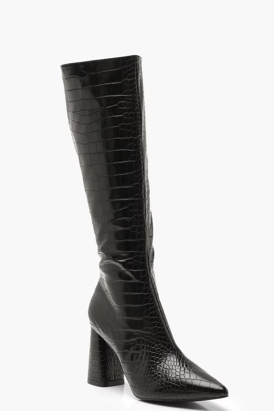 Croc Knee High Block Heel Boots | Boohoo.com (US & CA)