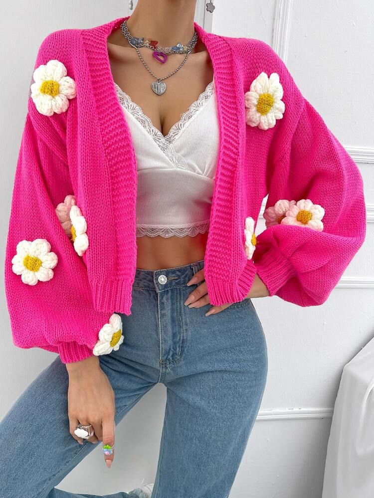 Floral Applique Bishop Sleeve Cardigan | SHEIN