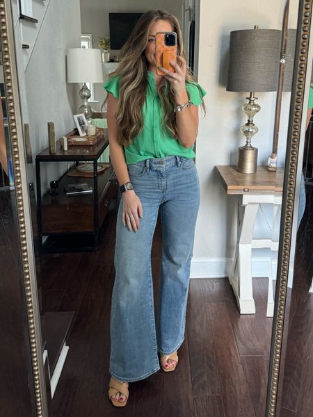 Rocking my green top (size small) paired with these amazing wide-leg jeans from White House Black Market! Can't get enough of these jeans – the stretch is incredibly comfy! Wearing my true size 2, and I'm 5'4 for reference. Adding a small heel for extra flair!

#LTKstyletip #LTKfindsunder100