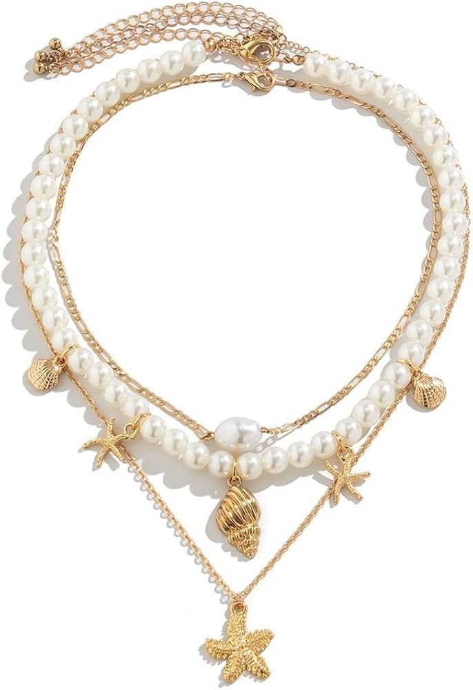 FUTIMELY Layered Pearl Necklaces for Women Girls,Dainty 14K Gold Plated Shell Starfish Eye Pedent... | Amazon (US)