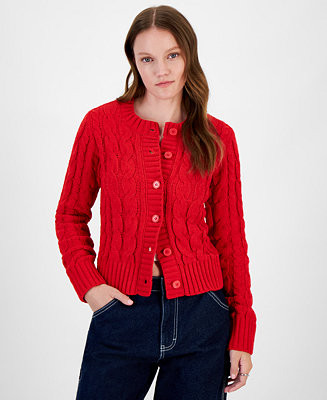 Juniors' Crewneck Chunky Cable-Knit Cardigan | Macy's