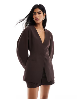 ASOS DESIGN linen blend cinch collarless blazer in chocolate | ASOS (Global)