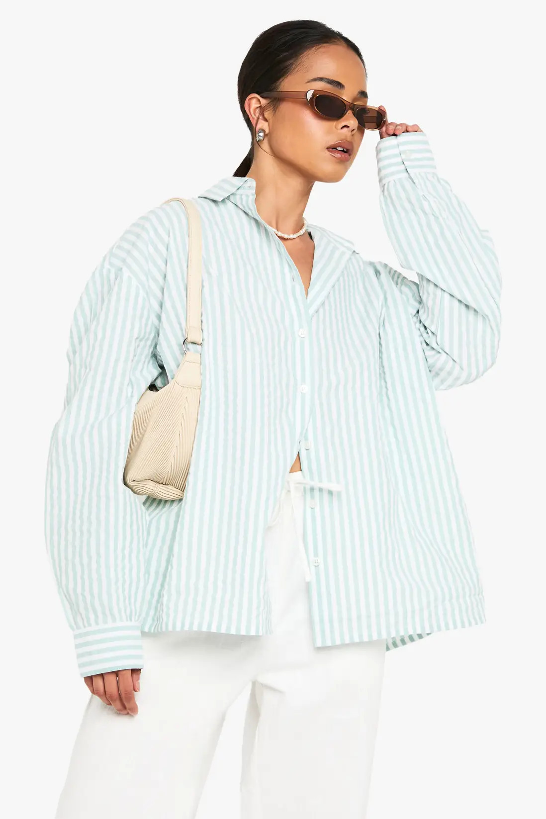 Sage Stripe Oversized Shirt | Boohoo USA | boohoo (US & Canada)