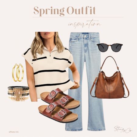 Spring outfit inspiration! Pair this striped casual knit quarter zip top with light wash jeans (tall friendly) , brown Birkenstock look for less sandals, a brown handbag, tortoise shell sunglasses, gold hoop earrings and a bracelet stack. 

Ootd, spring outfit, casual outfit, Amazon fashion, tall friendly outfit 

#LTKshoecrush #LTKstyletip #LTKfindsunder50