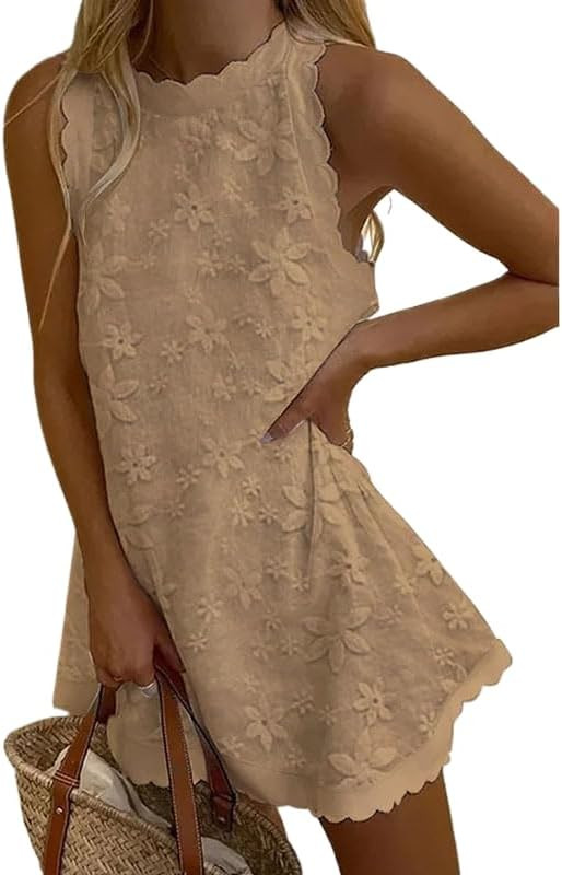 Women's Embroidered Halter Mini Dress Sleeveless Scalloped Floral Summer Casual Beach Vacation Dr... | Amazon (US)