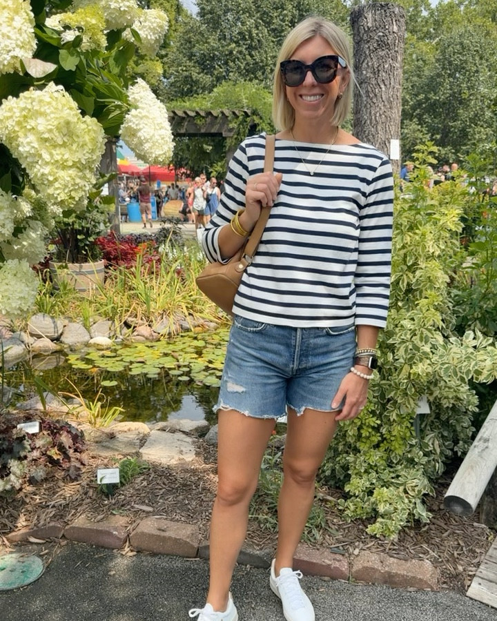 Comfy chic outfit for our annual day at the Iowa state fair! Stripes always help me stand out
so my kids can find me, my favorite denim shorts & sneakers that I can walk miles in👏🏻 a like to be hands free with my leather backpack & carry my water bottle + necessities 

#LTKStyleTip #LTKFindsUnder100 #LTKOver40